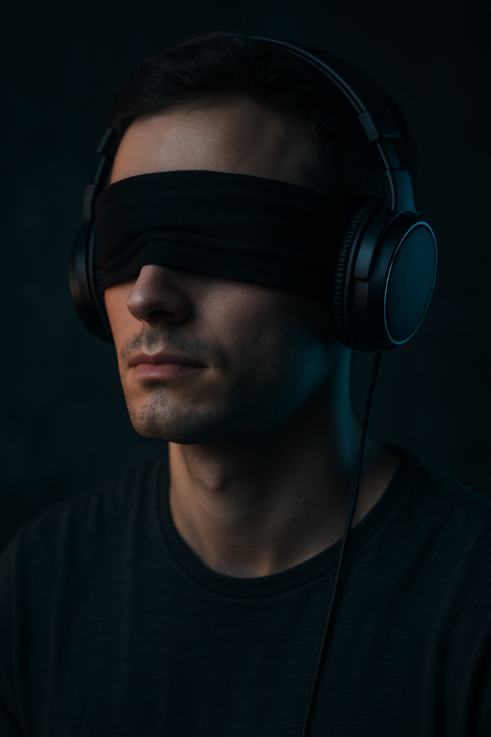 Blindfolded man wearing headphones representing distraction through manufactured sound.